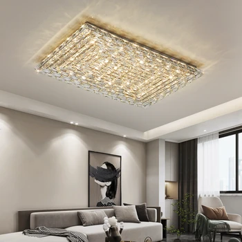 2024 Светодиодная люстра в современном стиле для гостиной, спальни, кухни, кабинета, хром, серебристый, прямоугольный, хрустальный, потолочный светильник