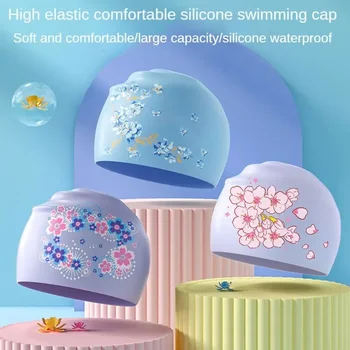 Водонепроницаемая силиконовая шапочка для плавания для женщин и девочек Цветочный принт Плавательные шапки Elestic Водные виды спорта Аксессуары для плавания