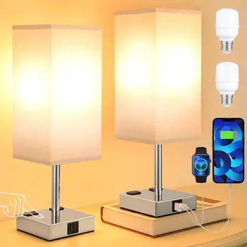 Настольные лампы Сенсорная прикроватная лампа с регулируемой яркостью с USB-портами для зарядки и розеткой переменного тока Перезаряжаемая настольная лампа для спальни Лампа для чтения