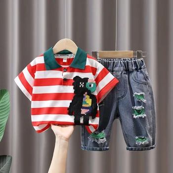 2-10 лет Новые летние комплекты одежды для мальчиков Детская полосатая футболка + джинсовые шорты 2 шт. Наряды для детей Комплекты одежды