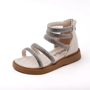 2022 Лето Новые римские сандалии с открытым носком Детская мода Diamond Princess Shoes Простая задняя застежка-молния в корейском стиле Обувь для девочек на плоской подошве