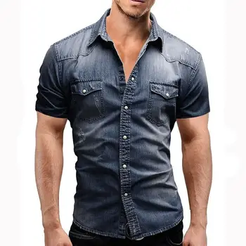 2023 Новый мужской повседневный свободный большой джинсовый топ Мужской однотонный модный простой универсальный джинсовый рубашка с коротким рукавом пальто
