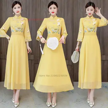 2024 китайское улучшенное платье ципао чонсам национальная цветочная вышивка А-линии ципао восточное банкетное вечернее платье vestido