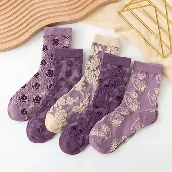 5 пар женские цветы носки кружева ретро харадзюку ретро вышивка милые розовые носки лолита мягкие дышащие хлопчатобумажные носки средней трубки