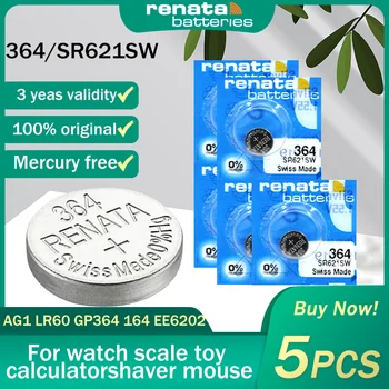 5 шт. 100% Renata 364 SR621SW AG1 LR60 GP364 164 EE620 1,55 В Серебряный оксид Батарея для часов Scale Toy Swiss Made Кнопка Монета Ячейка
