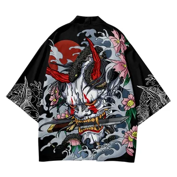 5XL 6XL Японский традиционный костюм-кимоно с демоническим принтом Косплей Самурай Хаори Оби Женщины Мужчины Кардиган Пляж Юката Комплект Азиатская одежда