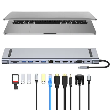 7/11/12 в 1 USB C Адаптер PD 100 Вт USB 3.2 / 3.0 / 2.0 с 4K HDMI-совместимый VGA DP Gigabit Ethernet 3,5 мм AUX для ноутбука