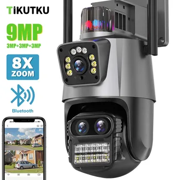  9 Мп IP-камера Wi-Fi Три объектива Двойные экраны Наружный PTZ Защита безопасности Bluetooth Подключение CCTV Наблюдение AI Отслеживание