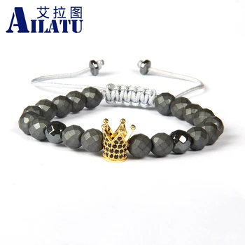 Ailatu Black Cz Crown Charm Мужчины Макраме Браслет Оптом 8 мм Граненые Матовые Гематитовые Каменные Бусины Ювелирные Изделия