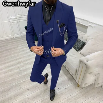 Gwenhwyfar Красивый темно-синий мужской костюм Свадьба Жених Смокинг Однобортный деловой блейзер Выпускной 3 шт. Куртка Жилет Брюки