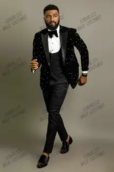 JELTONEWIN Tailored Made Black Velvet Bead Jacket Свадебный мужской костюм 3 шт. Slim Fit Жених Для Вечеринки Выпускной Платье Мужской Смокинг
