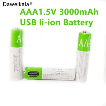 New2024 USB AAA Аккумуляторные батареи 1,5 В 3000 мАч Литий-ионный аккумулятор для мыши с дистанционным управлениемЭлектрическая игрушечная батарея + кабель Type-C