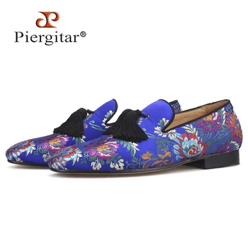 Piergitar brand 2019 новое поступление мужские лоферы с цветочным принтом и большими кисточками, свадебные и выпускные мужские шелковые туфли, курительные тапочки