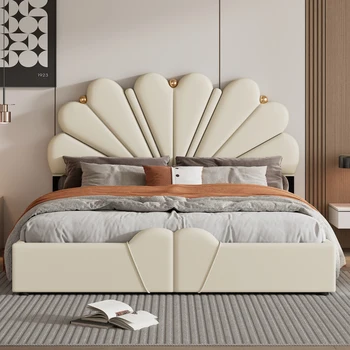 Queen Size мягкая кровать-платформа в форме лепестка с гидравлической системой хранения, кровать из искусственной кожи, двуспальные кровати для взрослых и подростков