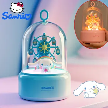 Sanrio Hello Kitty Мультфильм Музыкальная лампа Kawaii Animation Девушки Обозрение Колесо обозрения Ночник Настольный Украшение Музыкальная шкатулка Орнамент Подарок