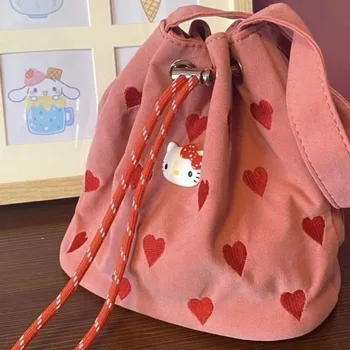 Sanrio Hello Kitty Рюкзаки Розовая Любовная Сумка Повседневная Мода Кроссбоди Сумка Для Девочек Мини Симпатичный Рюкзак Холст Шнурок Большая Сумка