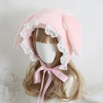 Sweet Lovely Rabbit Ears Шапка-ушанка Lolita Lace Bomber Шапки Девушки Kawaii Зимняя теплая пушистая шапка Lolita Аксессуары Подарок для женщин