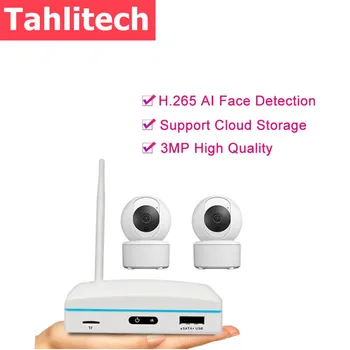 Tahlitech 2-канальный мини-видеорегистратор Комплект с 3-мегапиксельной WiFi наружной камерой Беспроводная система видеонаблюдения Поддержка распознавания лиц с помощью искусственного интеллекта и двусторонней аудиосвязи