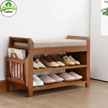 TieHo Бамбуковая скамья для прихожей с 2-уровневым органайзером для хранения обуви Подушка сиденья Шкаф для обуви Шкаф для обуви Мебель для прихожей