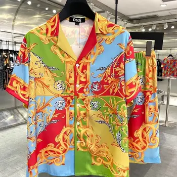 ZHIO 2024 Мужская летняя тонкая высококачественная цветная печатная домашняя одежда с короткими рукавами Повседневные шорты Комплект из двух частей