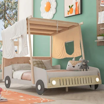 Автомобильная кровать полного / двойного размера,Деревянная детская автомобильная кровать с подушкой,Прочная рама,Потолочная ткань и светодиод,Пружина не требуется,Мебель для спальни