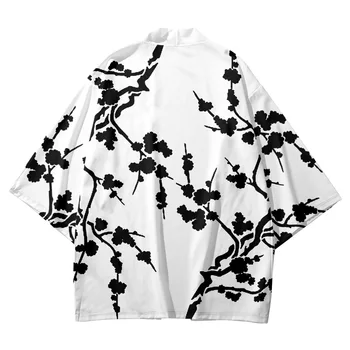 Азиатская одежда Черный Белый Принт Хаори Японский кардиган Рубашки Оверсайз Кимоно Мужчины Женщины Пляж Юката Косплей Топы Плюс Размер