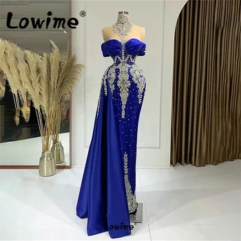 Аппликация Высокий воротник Королевский синий вечерние платья 2023 Индивидуальное длинное платье русалки Crystal Celebrity Свадебное платье для женщин