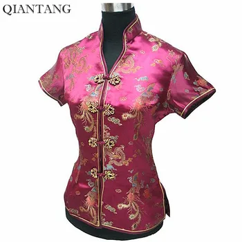 Бордовая китайская женская блузка Mujeres Camisa Атласная полиэстеровая рубашка с V-образным вырезом Топы Dragon Phenix Размер S M L XL XXL XXXL JY044-2