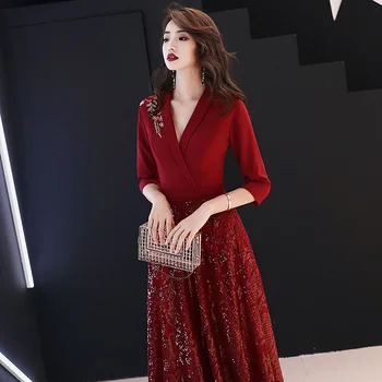 бордовый Китайский Восточный V-образный вырез Полная длина Свадебные женщины Сексуальное вечернее платье Cheongsam Элегантные платья принцессы Современный Qipao