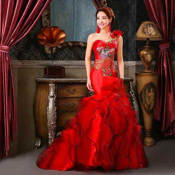 Вечерние платья 2019 Современное сексуальное платье для вечеринок Long Cheongsam Китайская традиционная свадьба Qipao Красная русалка Trailing Robe Восточный