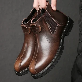Высококачественная коричневая кожаная обувь для мужчин Осень-зима Ретро Мужские ботильоны Повседневная классическая обувь Скольжение на ботинках челси для мужчин