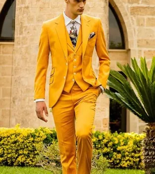 Горчично-желтый Мода Мужские Slim Fit Custom Костюмы Мужчины Бизнес Выпускной Свадебные Костюмы 3 шт. Набор Traje Hombre Куртка Жилет Брюки