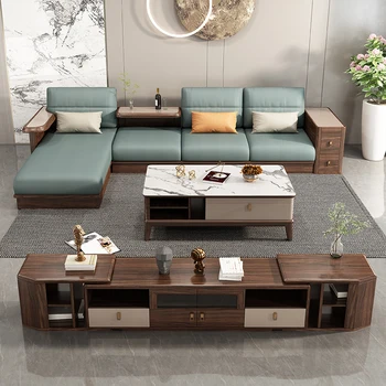 Гостиная из орехового дерева, современный простой кожаный диван из массива дерева, комбинация нового китайского комплекта мебели