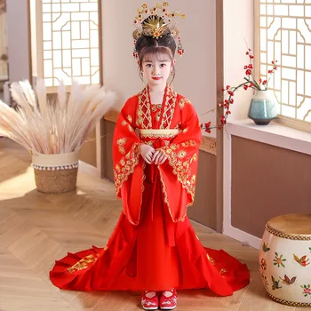 Девочка Фея Восточная принцесса Красный павлин Вышивка Платье Наряд Китайский стиль Танец Костюм Выступление Косплей Ханьфу