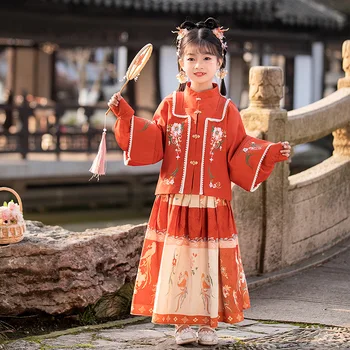 Девочки Народная Фея Красный Цветочная Вышивка Ханьфу Китайский Детский Костюм Древняя Сцена Танец Представление Наряды Тангсьют