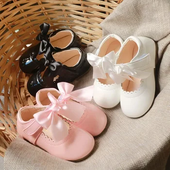 Детская обувь для девочек Кожаные туфли для девочек Принцесса Платье с бантом Нескользящее носимое мягкое дно для девочек Детская модная обувь