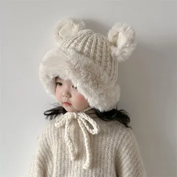 Детская шапка зима 2023 для мальчиков и девочек с флисовой подкладкой вязание плюшевый чепчик наушники шапка