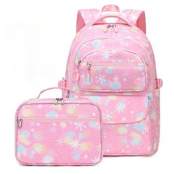Детская школьная сумка для девочек Водонепроницаемый рюкзак для путешествий Ученики средней школы Симпатичные рюкзаки Набор сумок для книг с ланч-боксом Розовый