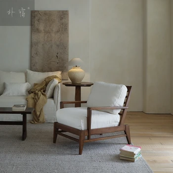 Диван из массива дерева в японском стиле Хлопок и льняная ткань Гостиная Одноместный реклайнер Простое повседневное проживание в семье Винтажное кресло