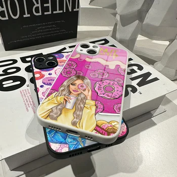 Для IPhone 13Pro Милые пончики Розовые красивые девушки Чехол для телефона Закаленное стекло IPhone 14 11 12 XR XS MAX 7/8 X Plus 12 Белая крышка