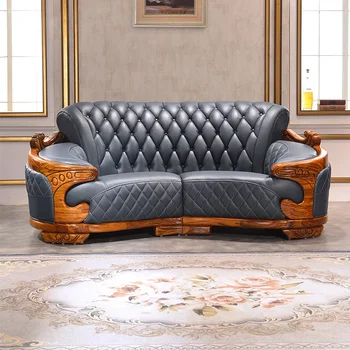 Европейский стиль Угьен Деревянная мебель Вилла Роскошный кожаный диван Дугообразный ряд Гостиная Комбинированная мебель