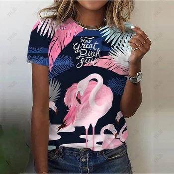 Женская 3D-печать фламинго с рисунком лета с короткими рукавами и круглым вырезом модная повседневная хип-хоп тенденция личность верхняя футболка одежда