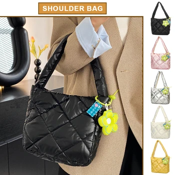 Женская пуховая сумка Сумка с широким ремешком Стеганая сумка с верхней ручкой Легкая сумка для покупок большой емкости с подвеской