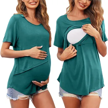 Женские блузки для беременных с коротким рукавом с круглым вырезом Сплошной цвет Асимметричные топы для кормления грудью Футболка для грудного вскармливания Одежда для беременных
