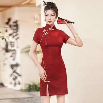 Женское платье Cheongsam с коротким рукавом Красное кружево Cheongsam Новое лето Новая невеста Тост Qipao Платье