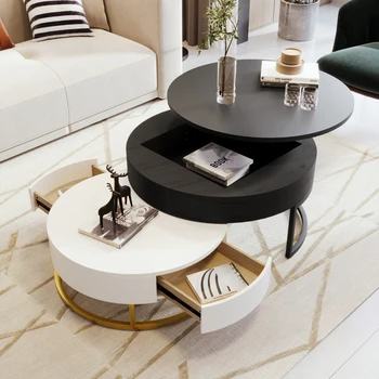  журнальные столики для вложения,современный круглый журнальный столик с подъемной крышкой и 2 ящиками,гидравлическая функция подъема,для гостиной,белый и черный