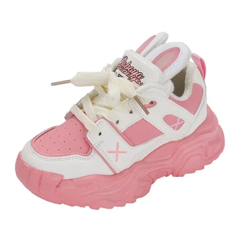 Зимние детские кроссовки Плюшевые теплые туфли для девочек Модная платформа Водонепроницаемая детская хлопковая спортивная обувь для девочек Повседневная теннисная обувь