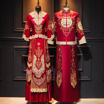 Изысканные стразы Вышивка драгоценными камнями Атлас Marry Cheongsam Традиционное китайское свадебное платье жениха невесты Vestito Da Sposa