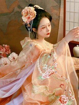 Китайский стиль Вышитая золото Рубашка с большими рукавами Тяжелая вышитая Хань Платье Женщина Ханьфу Костюм