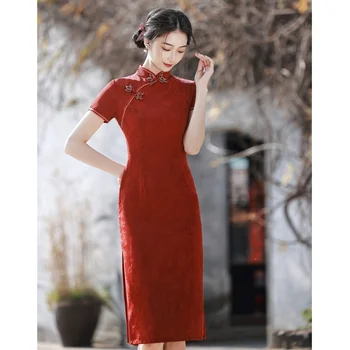 Китайский стиль Красный Чхонсам Платья Женщины Элегантный Цветочный Принт Миди Ципао Невеста Свадебное Платье Тонкое Новогоднее Вечернее Платье
